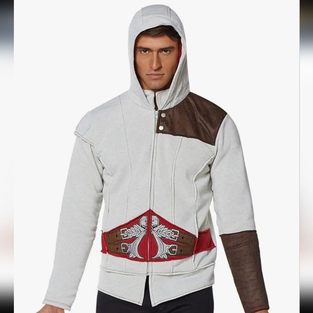 NEW Assassins Creed Ezio Cosplay Hoodie Spirit Halloween Gray Zip Jacket XL